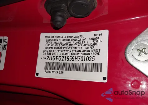 2009 Honda Civic Si z USA, uszkodzony, nr VIN 2HGFG21559H701025